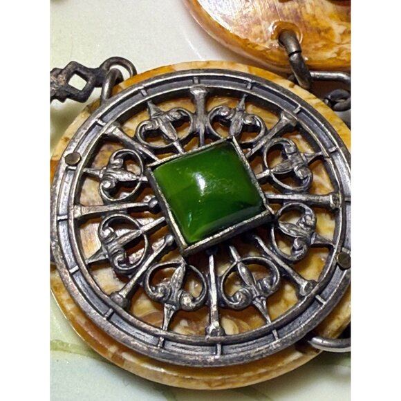 Antique 30's Celloid Circles Green Glass Silverplate women's Link Belt/Necklace - Picture 3 of 16